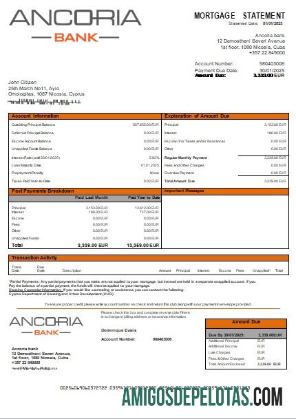 Extrato de hipoteca do Chipre Anchoria Bank Scr exemplo